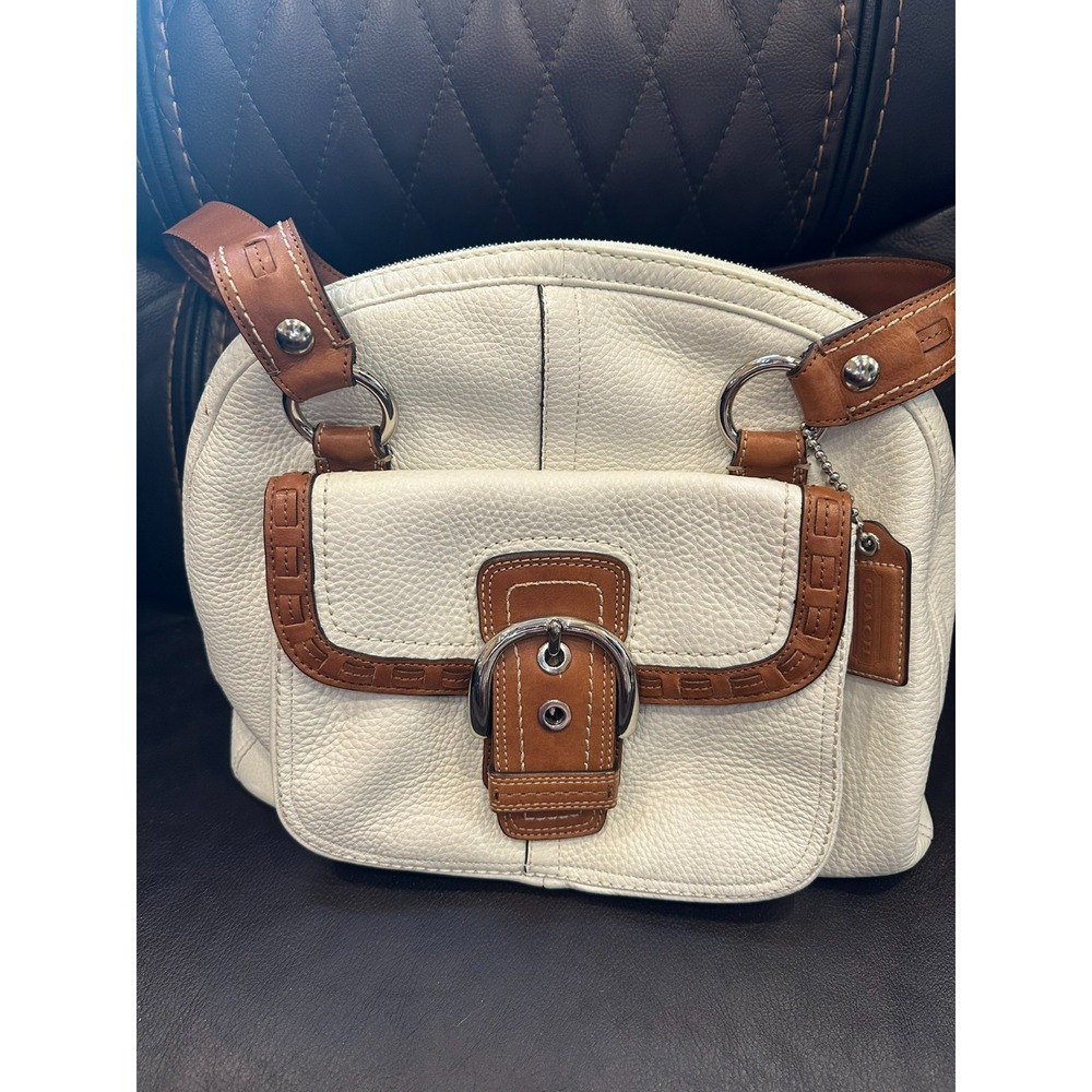Coach Large Pebbled Leather Satchel Bag Beige Brown F13115